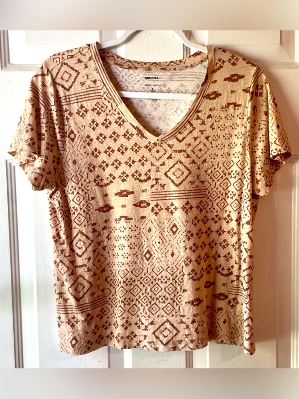 Sonoma Brown Tan Southwest Tribal Print Cotton Everyday Tee Shirt Petite Large